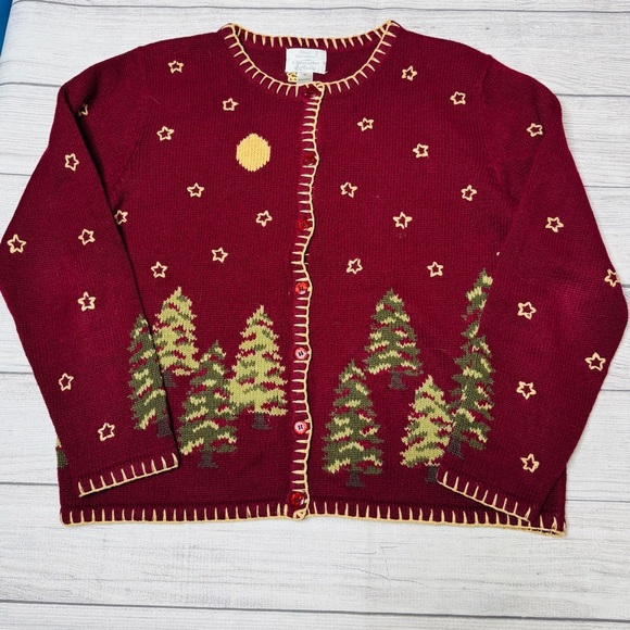 Christopher & Banks Red Christmas Tree Hand Embroidered Button Up Sweater Size M - Picture 1 of 5